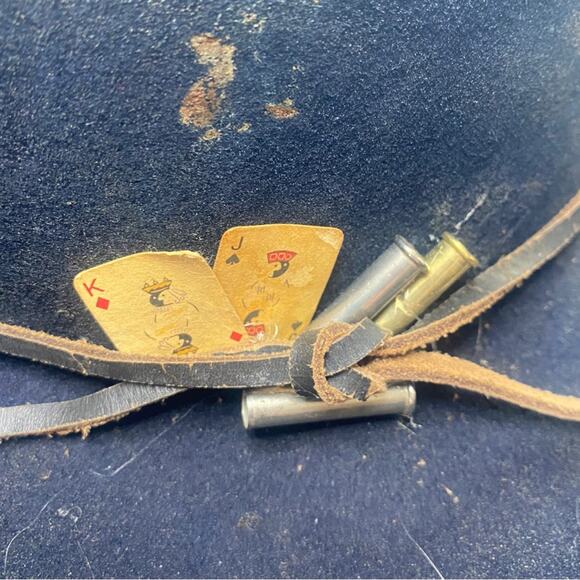 Black wool hat with handmade burn details, bullet holes, & playing cards AWESOME main image 8
